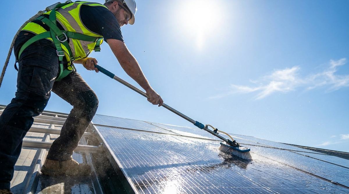 Engineer servicing rooftop solar panels