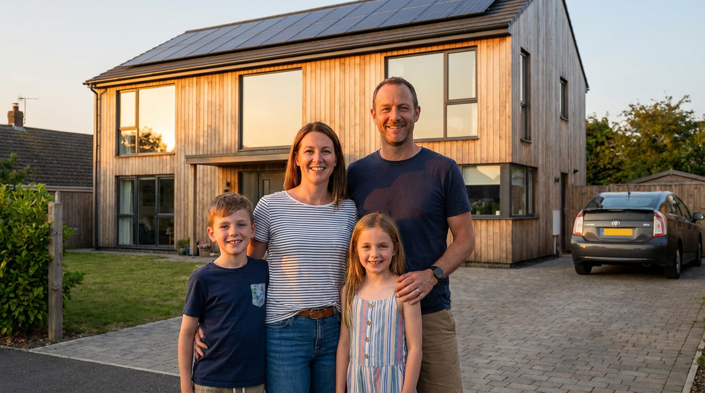 Happy family in front of solar powered home