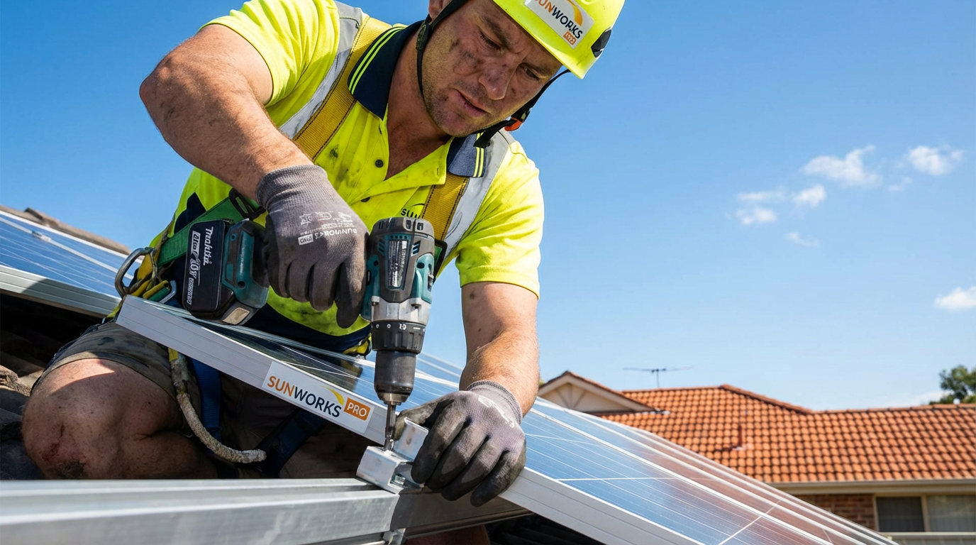Professional solar installer on roof